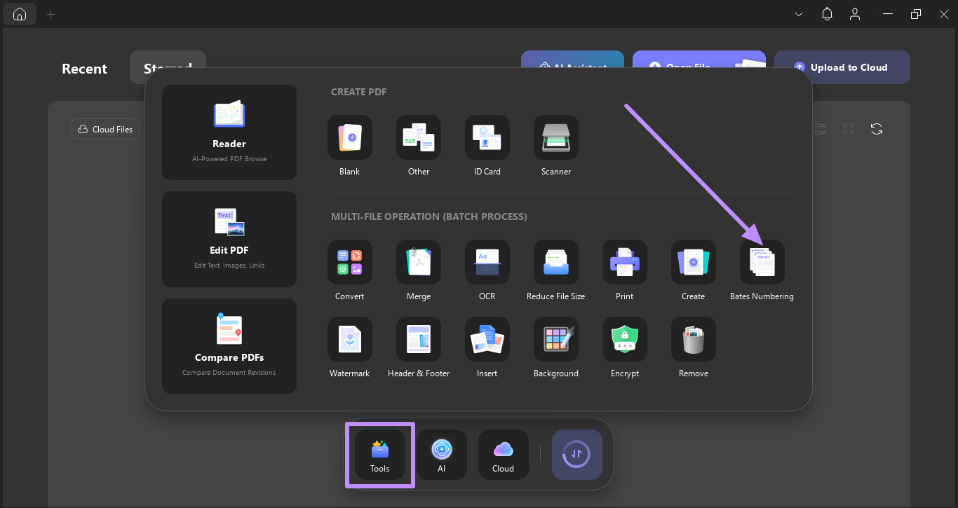 access bates numbering under tools updf windows