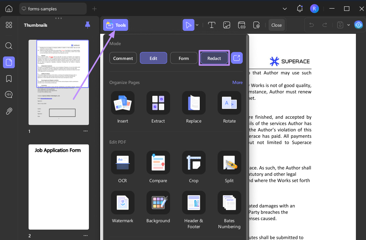 access redact tool in updf windows