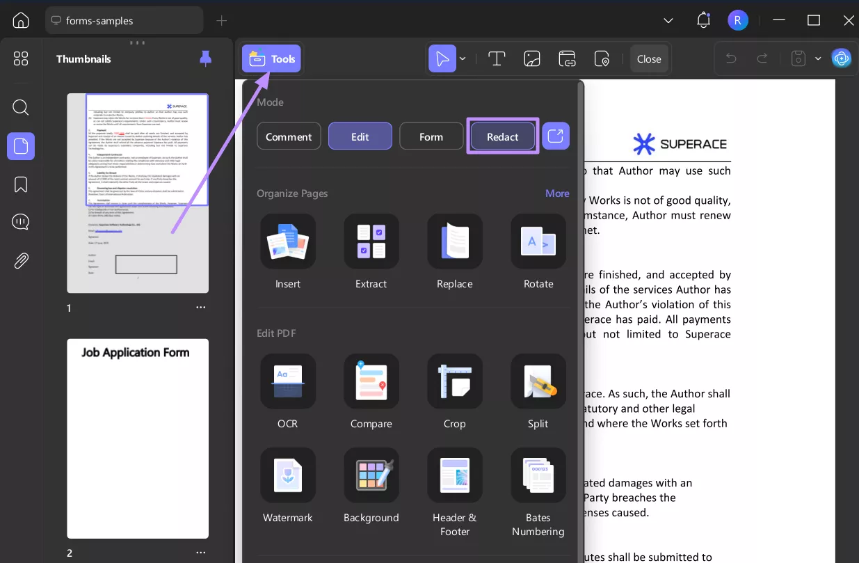 access redact tool in updf windows