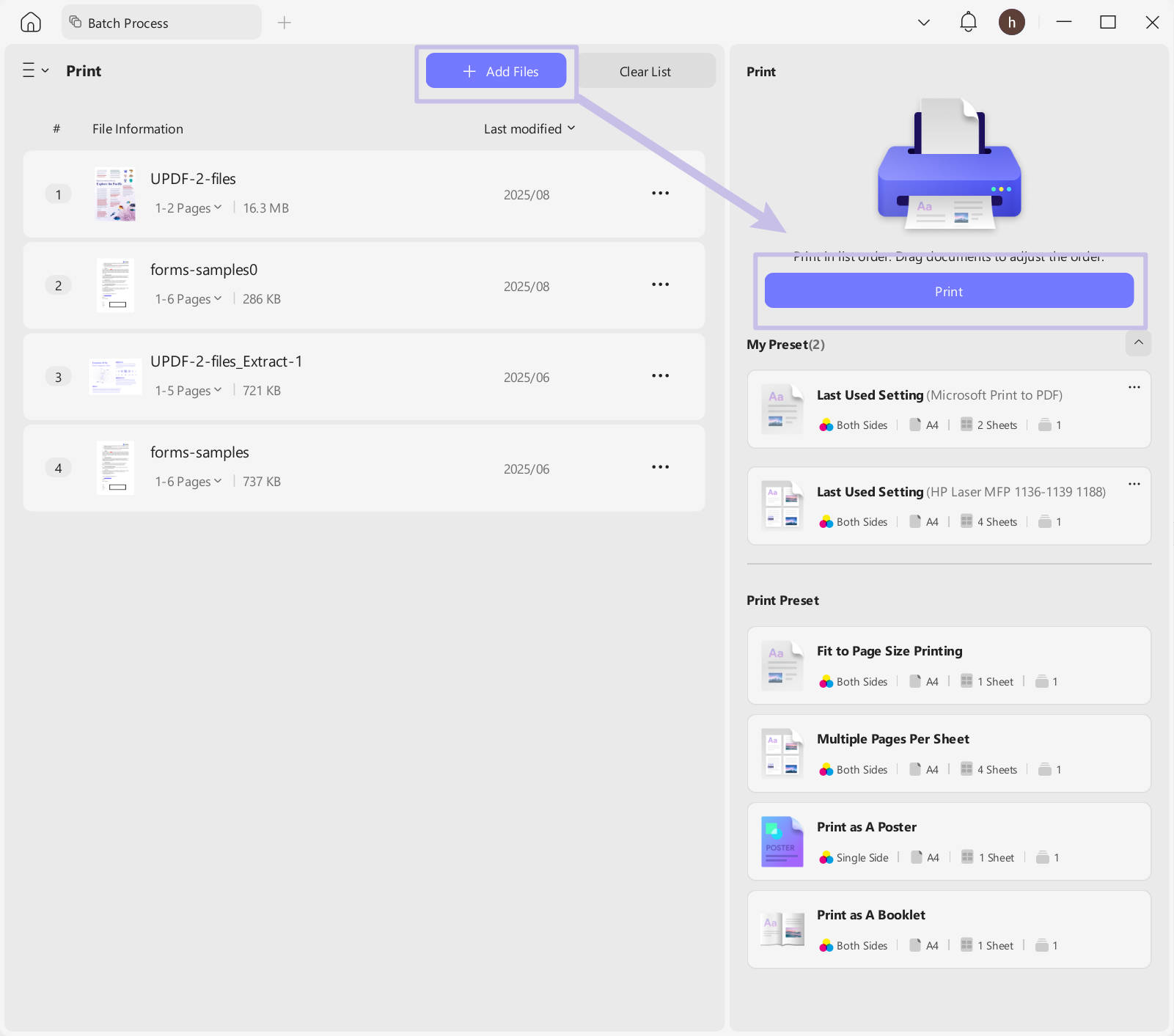 batch print option in updf home interface
