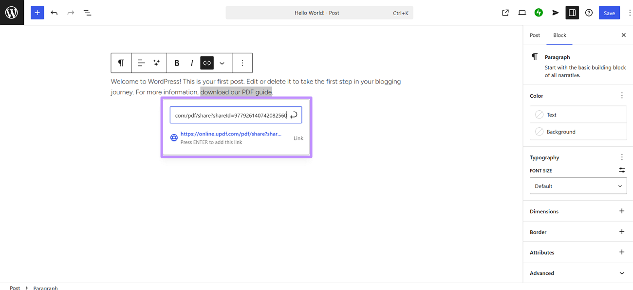 add pdf link in wordpress