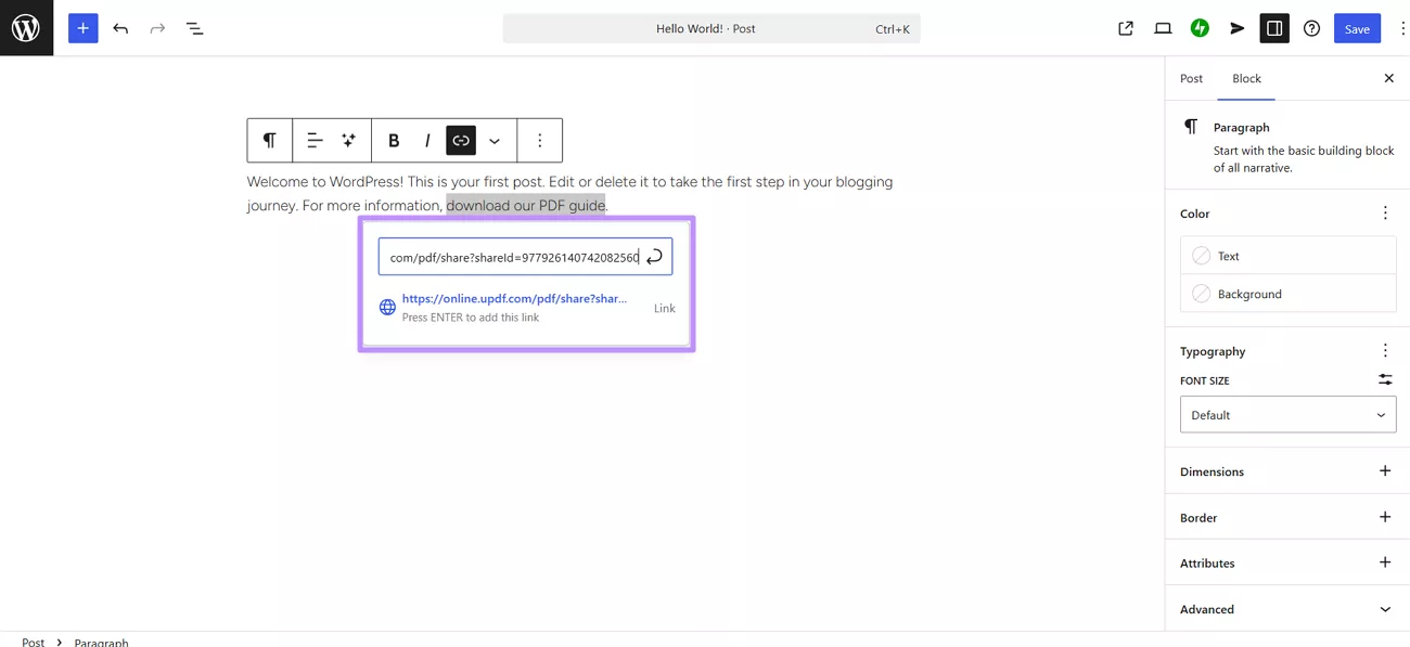 add pdf link in wordpress