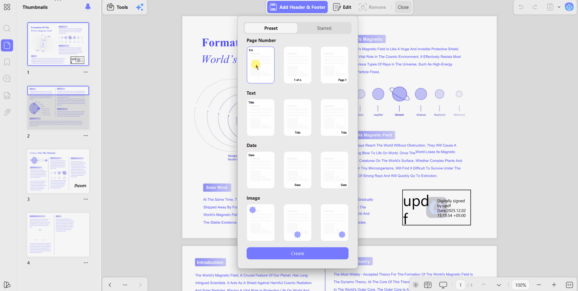 add header footer roman page number