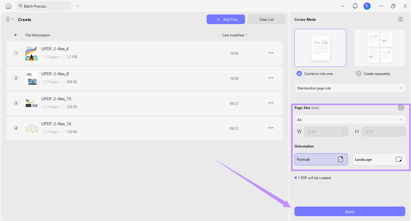 adjust page size and orientation and click apply updf windows