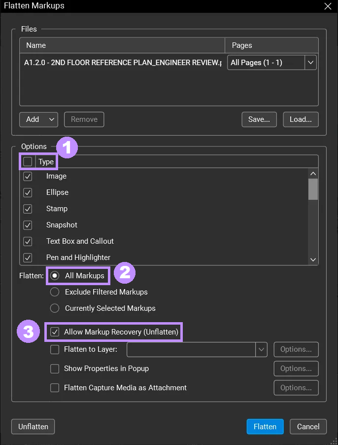 adjust settings to flatten markups bluebeam