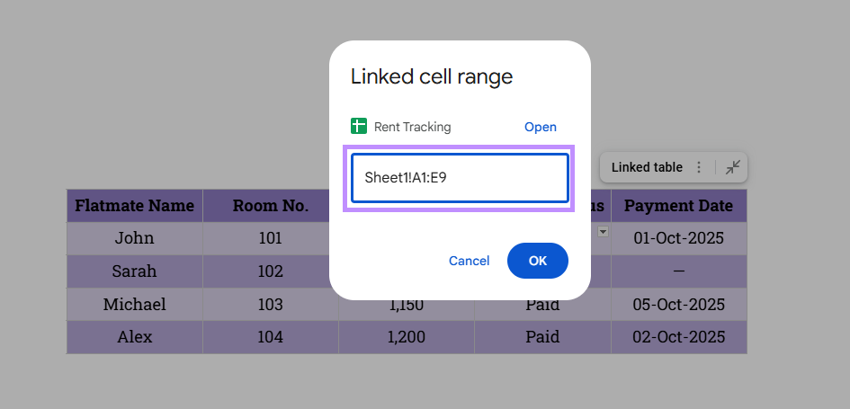 adjust the cell range for google sheets in google docs