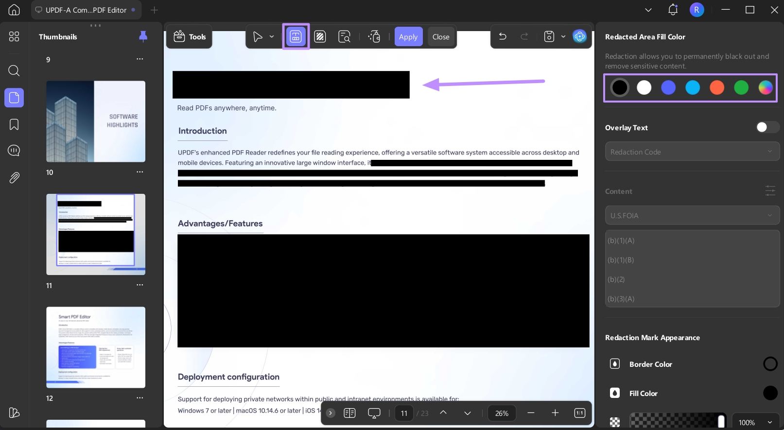 apply different color coding for redaction updf windows