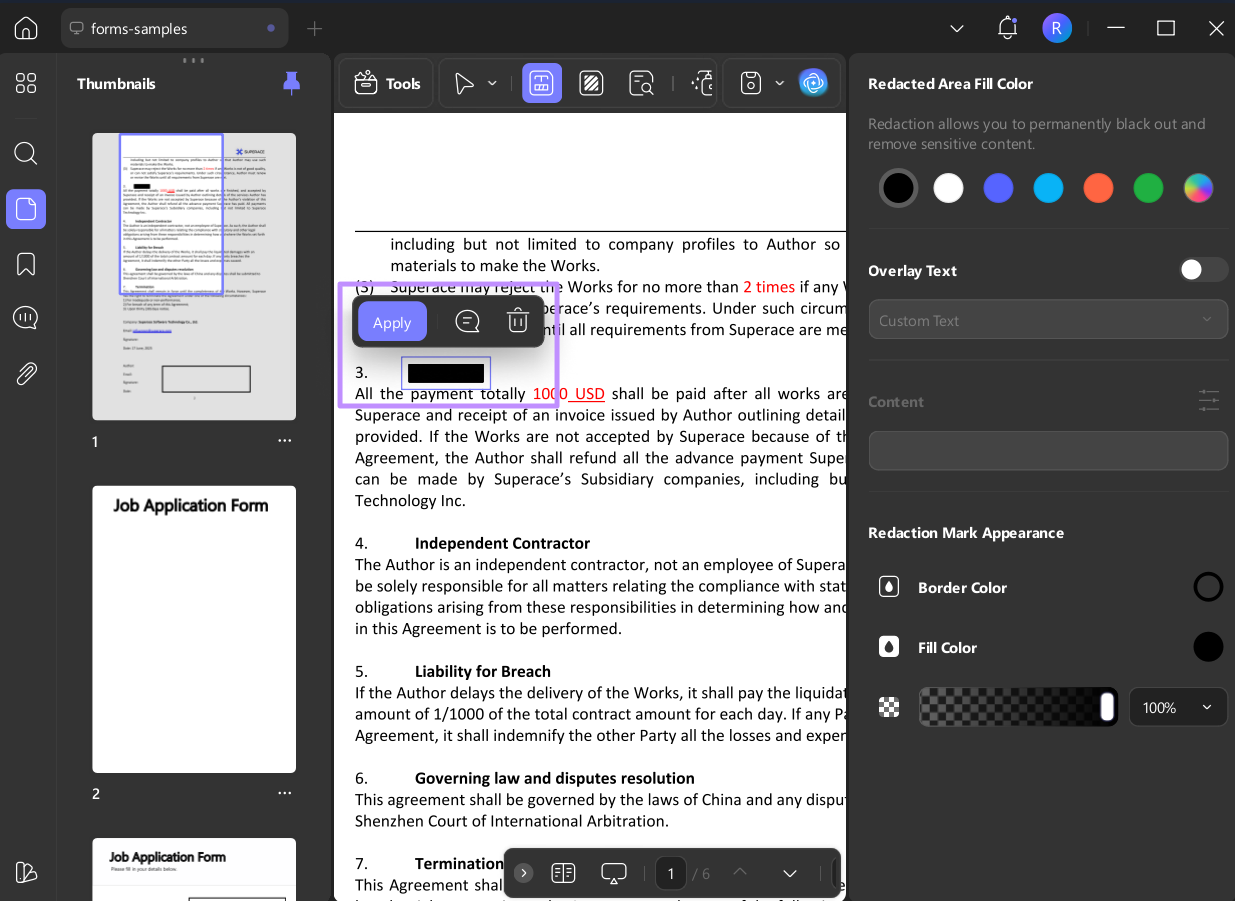 apply redaction in a pdf area updf windows