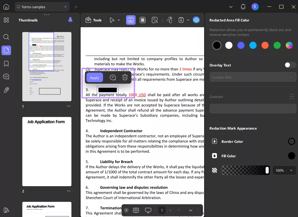 apply redaction in a pdf area updf windows