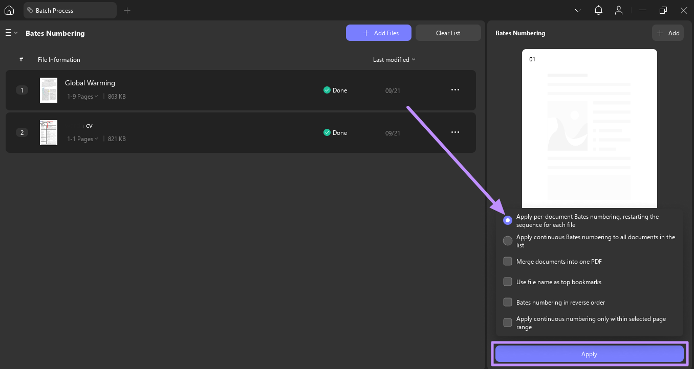 apply the bates numbering updf windows