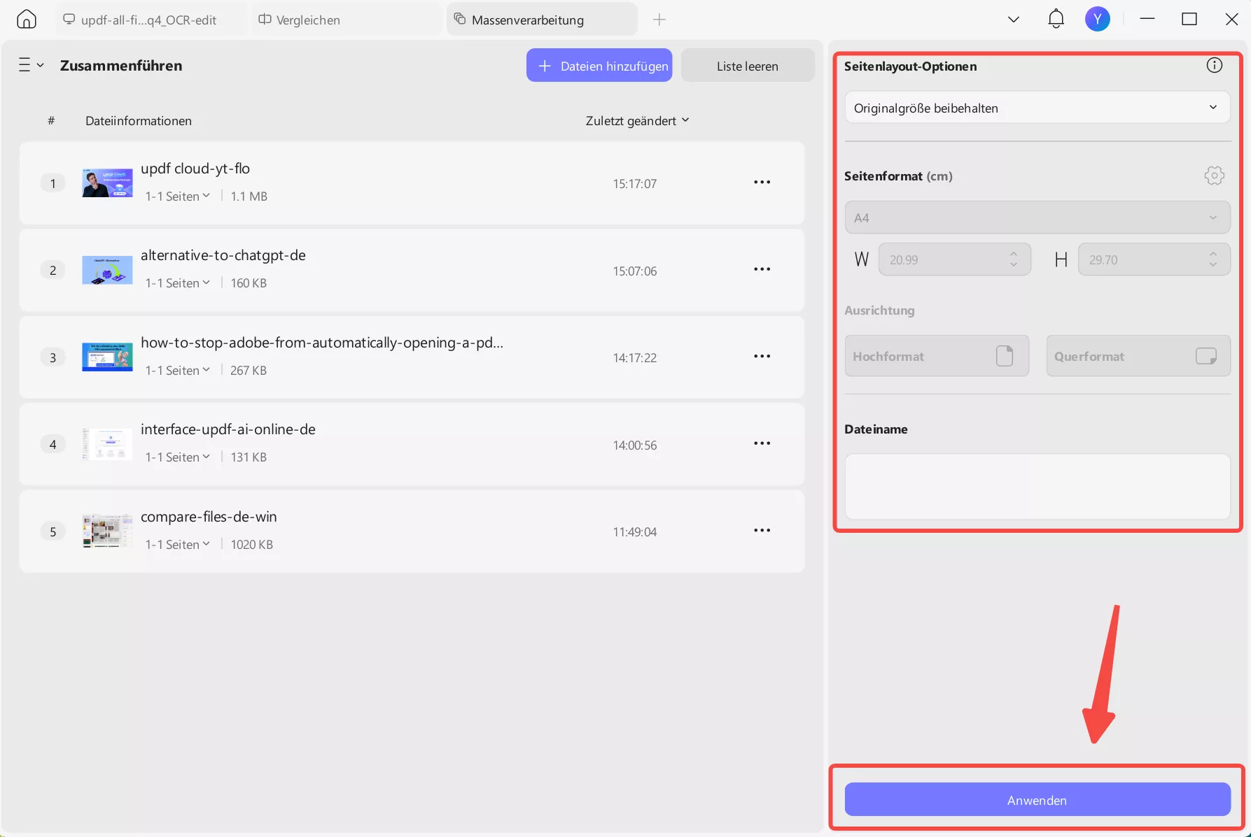 Wählen Sie die Optionen für die Seitengröße aus und klicken Sie auf „Anwenden“ (updf windows).