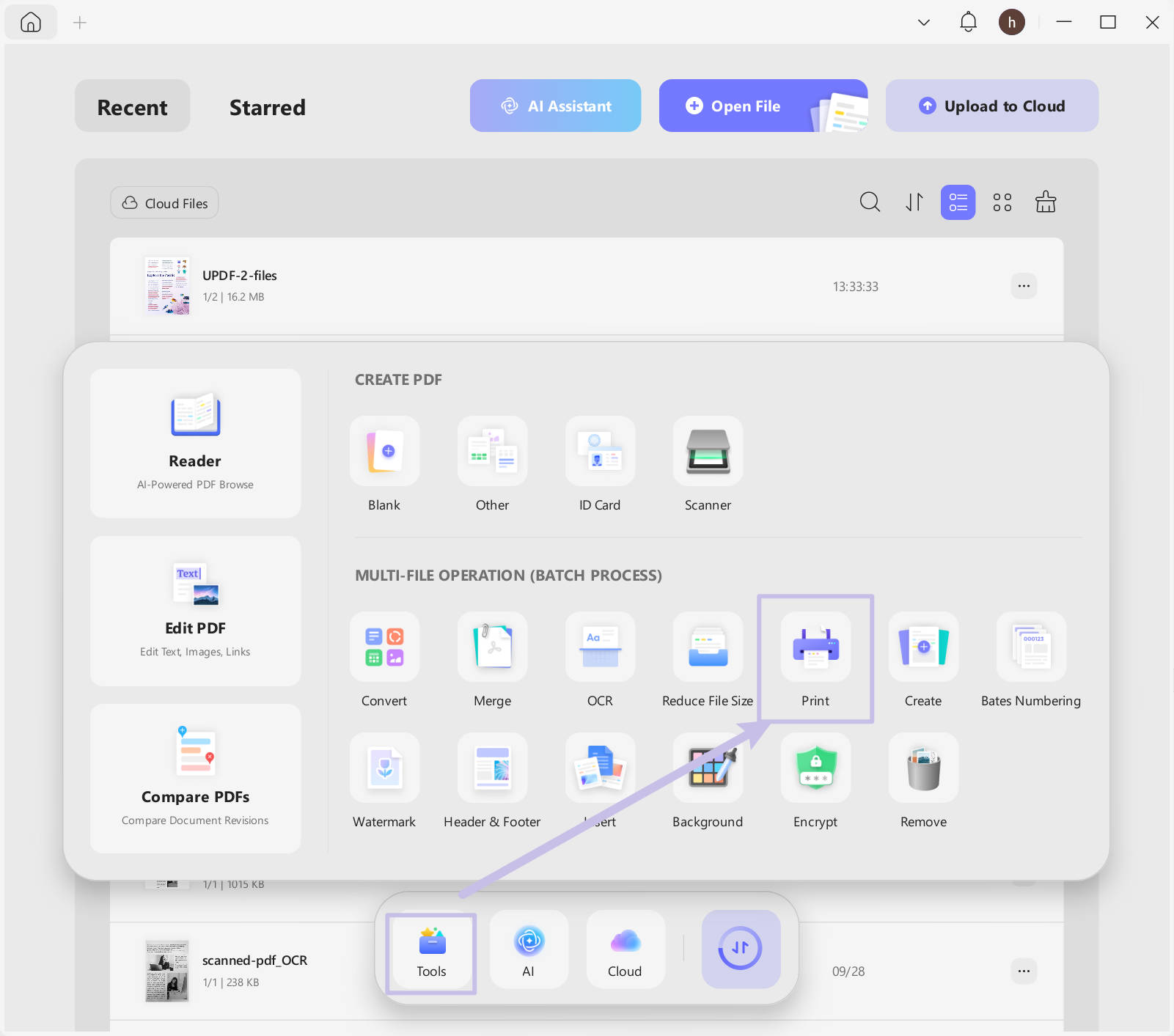 batch print option in updf home interface