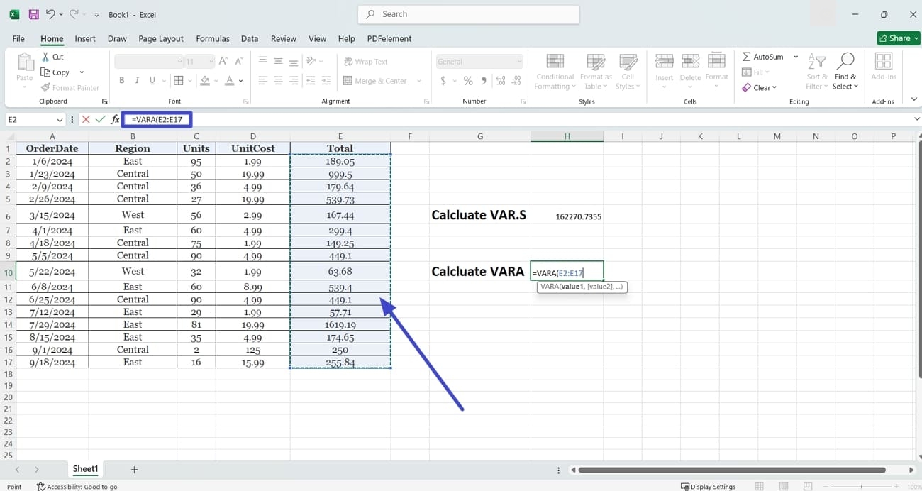 add vara function excel