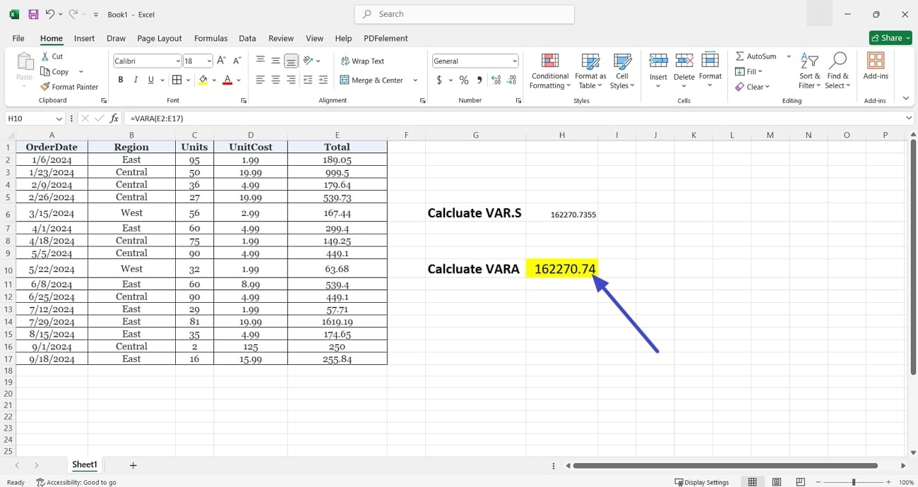 excel calculate vara function