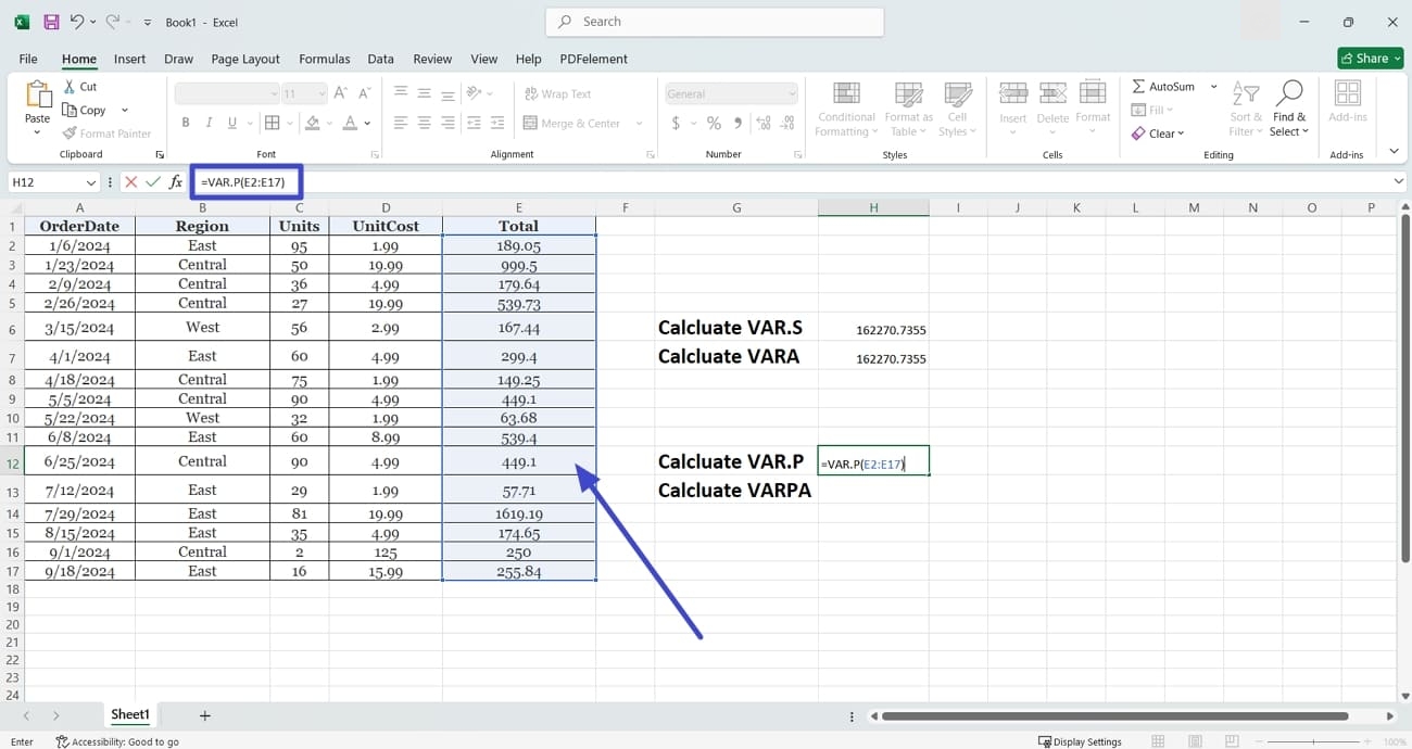 calculate var.p variance excel