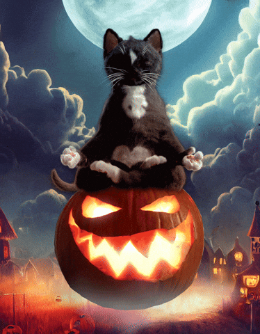cat meditating on a pumpkin gif.