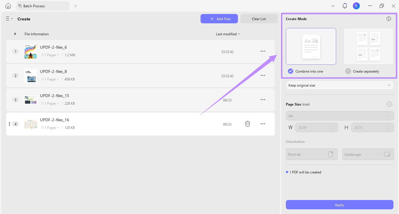 choose a create mode for bulk converting tiff to pdf updf windows