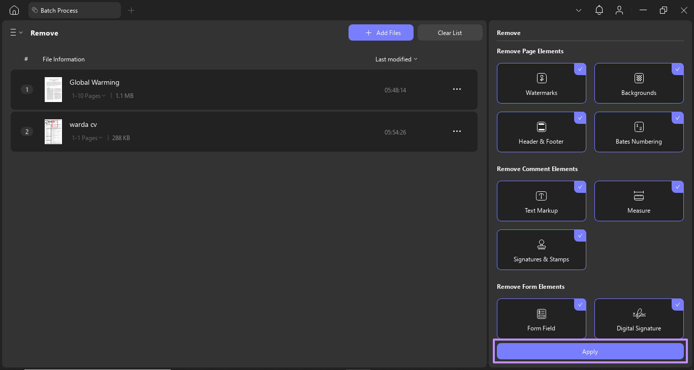 choose elements to remove and hit apply updf windows