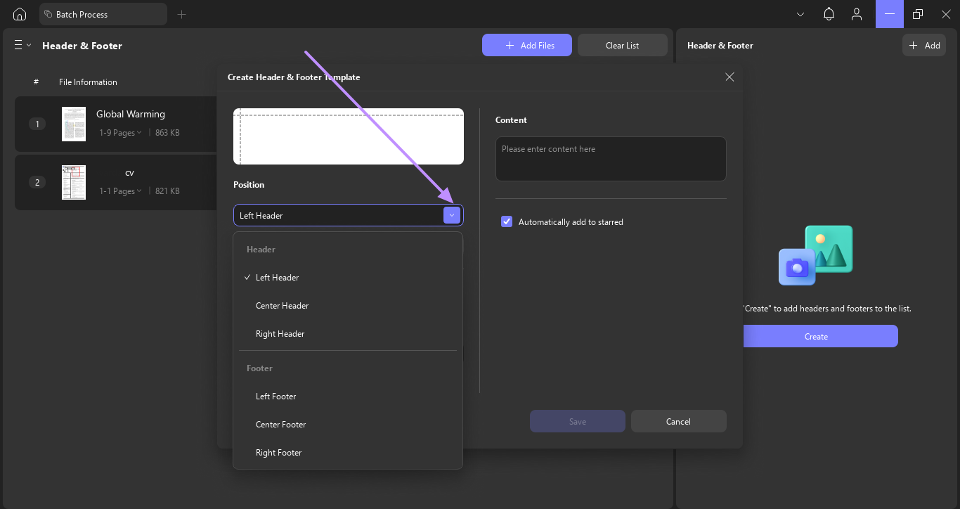 choose header or footer for batch pdf files updf windows