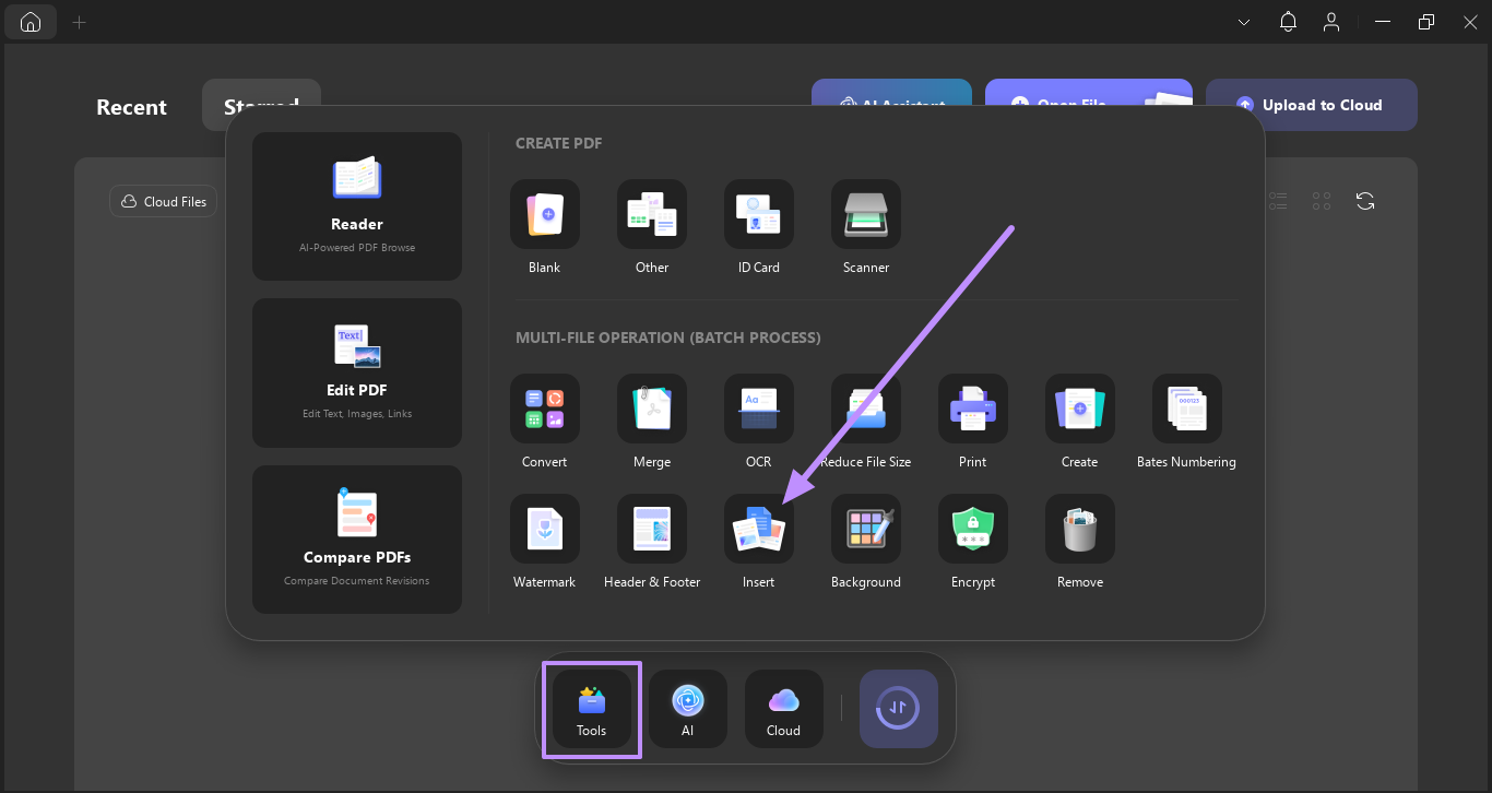 choose insert option under tools updf windows