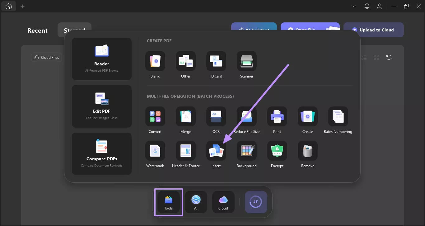 choose insert option under tools updf windows