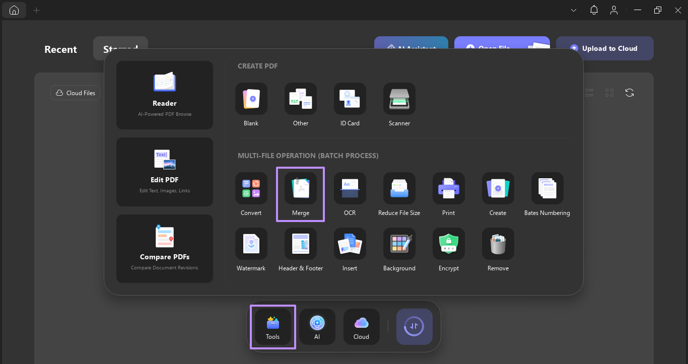choose merge feature in tools updf windows