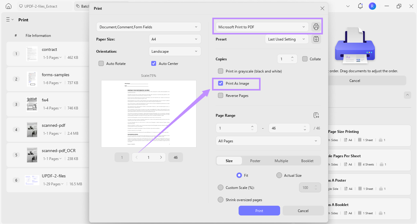 choose print as image for batch printing updf windows