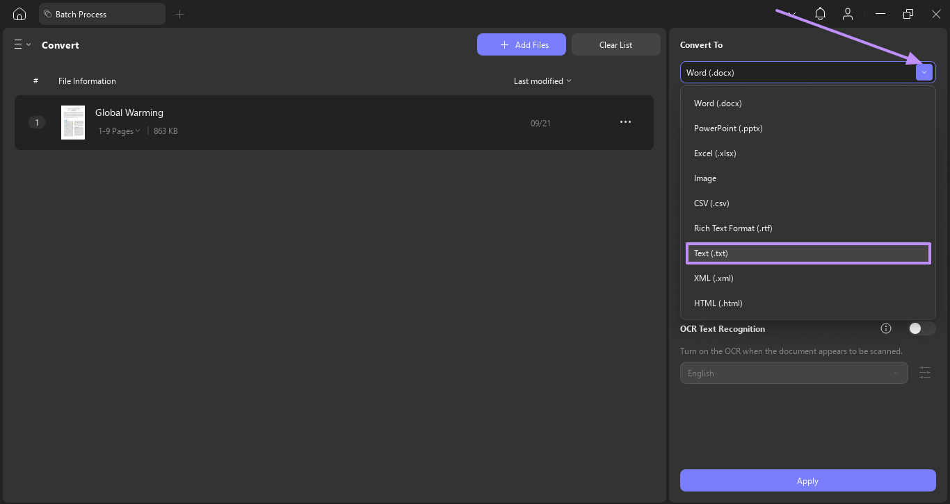 choose text as target format updf windows