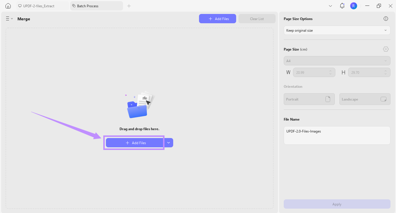 click add files to batch merge updf windows