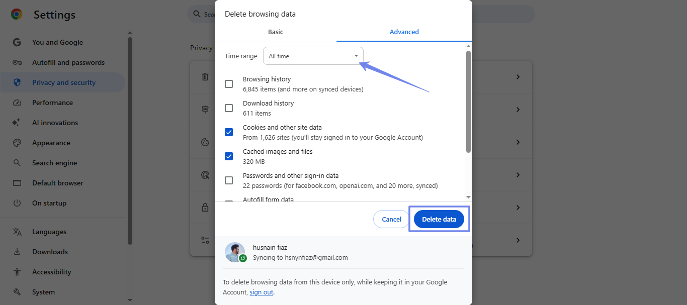 click delete data broswer