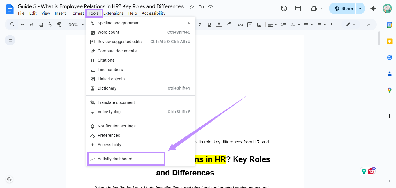 click on activity dashboard under tools google docs