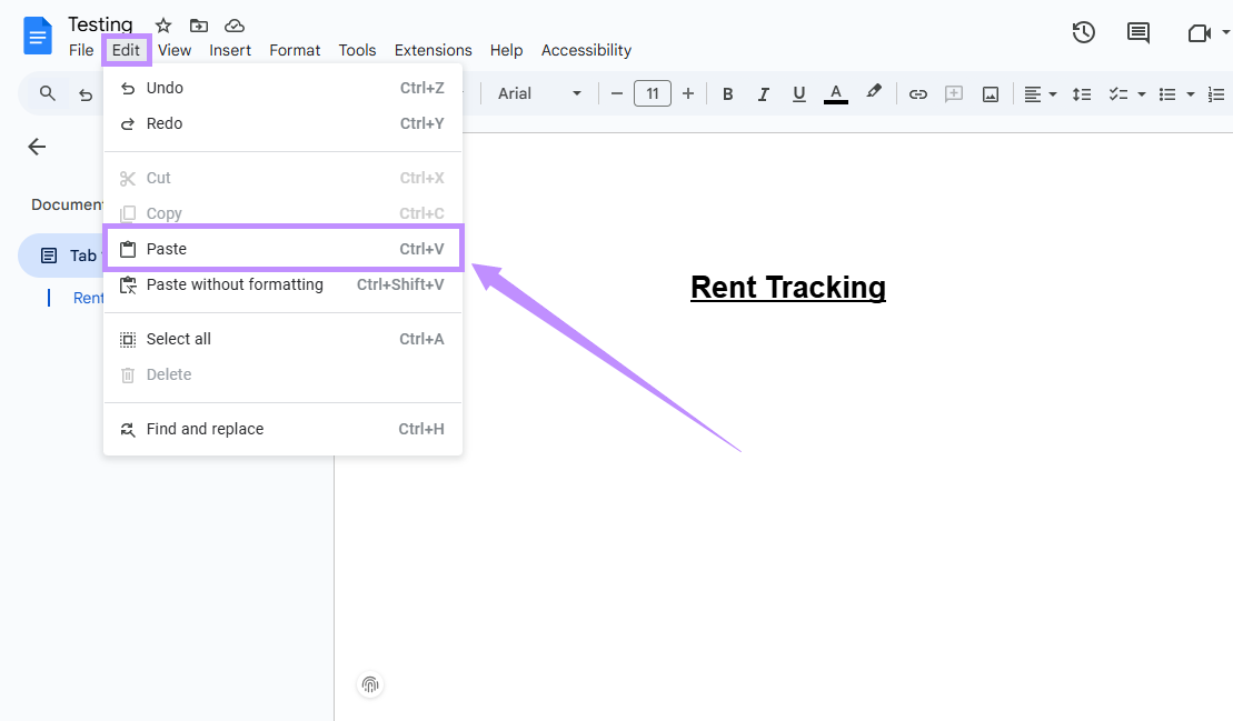 click on paste under edit google docs