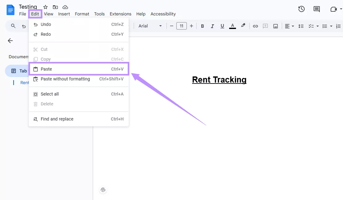 click on paste under edit google docs