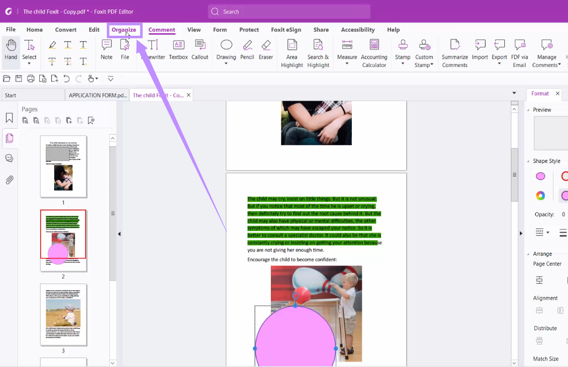 click the organize tab foxit