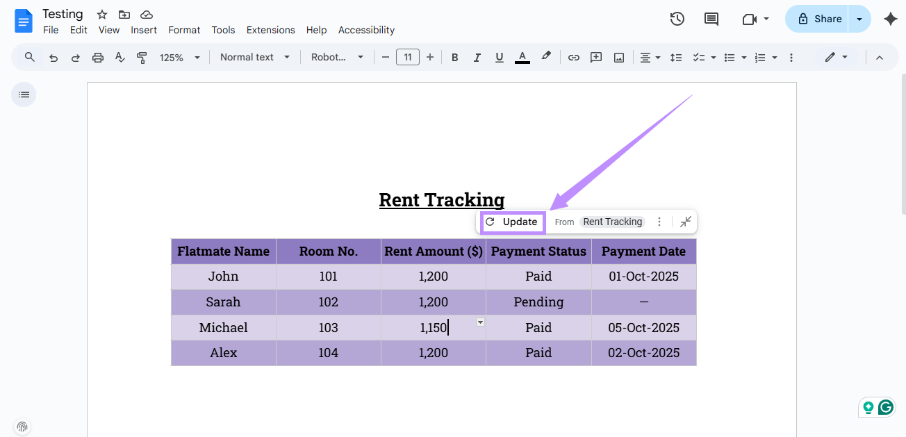 click update google sheet in google docs