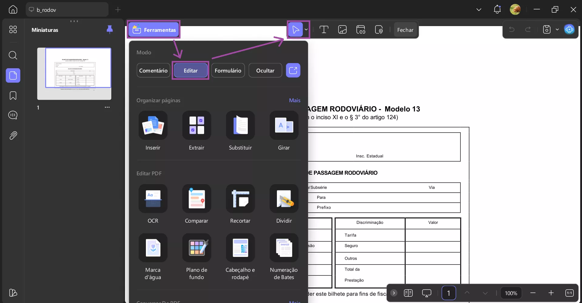 editar bilhete no updf