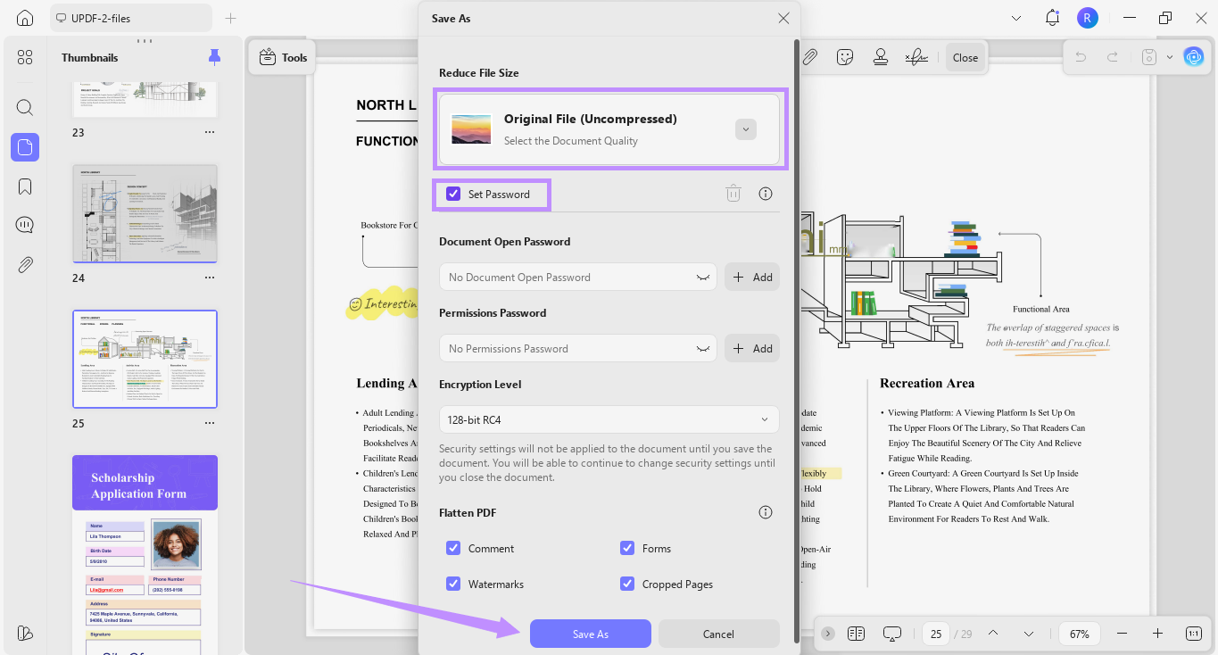 compress or set password and click save as updf windows