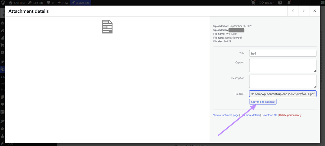 copy pdf link in wordpress