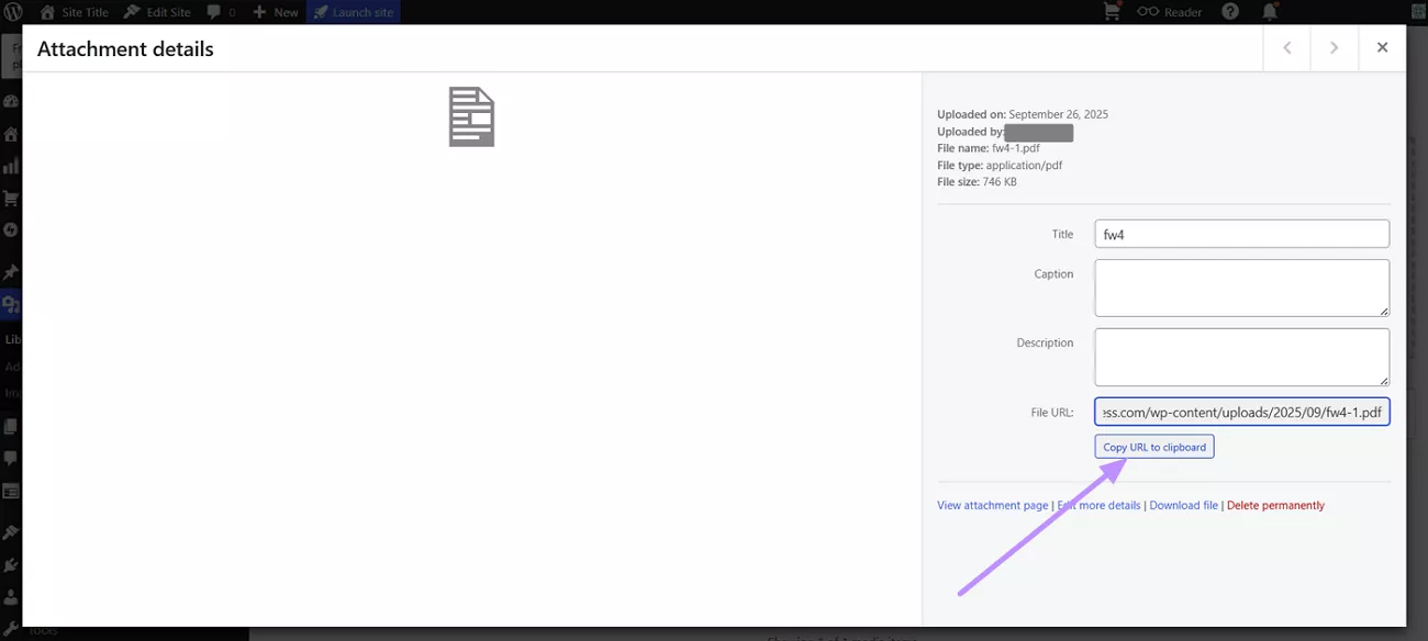 copy pdf link in wordpress