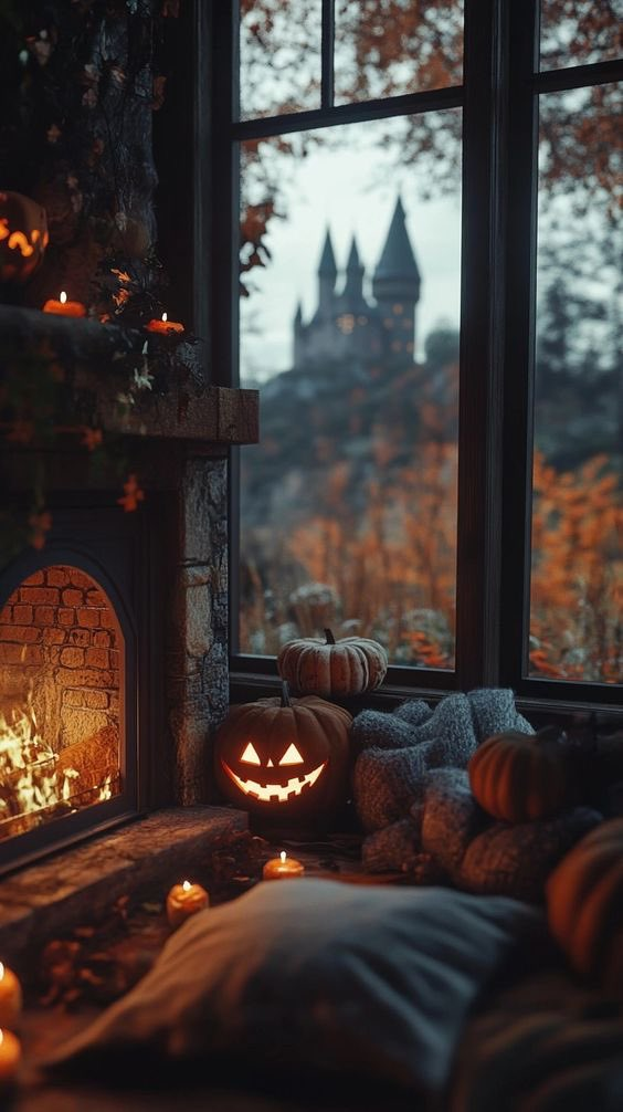 cozy halloween room wallpaper