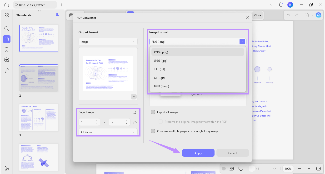 define page range and image format, and click apply updf windows
