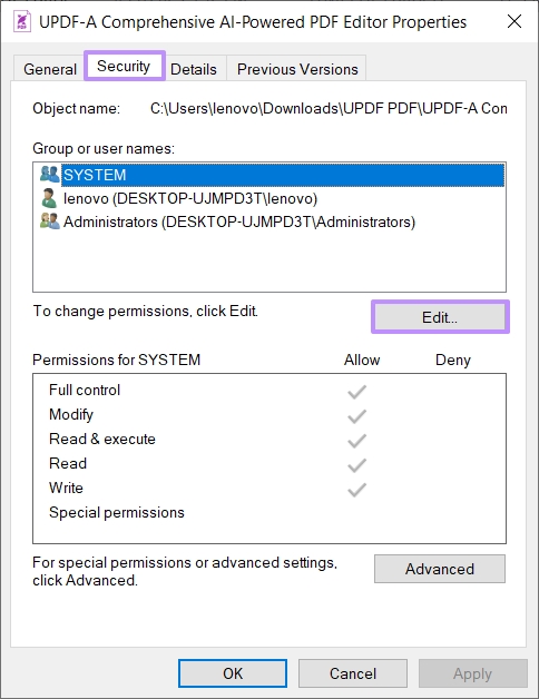 edit security settings windows for pdf