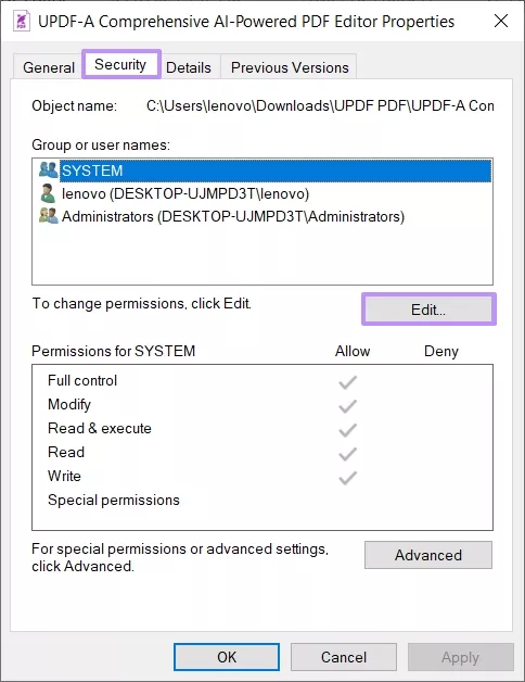edit security settings windows for pdf