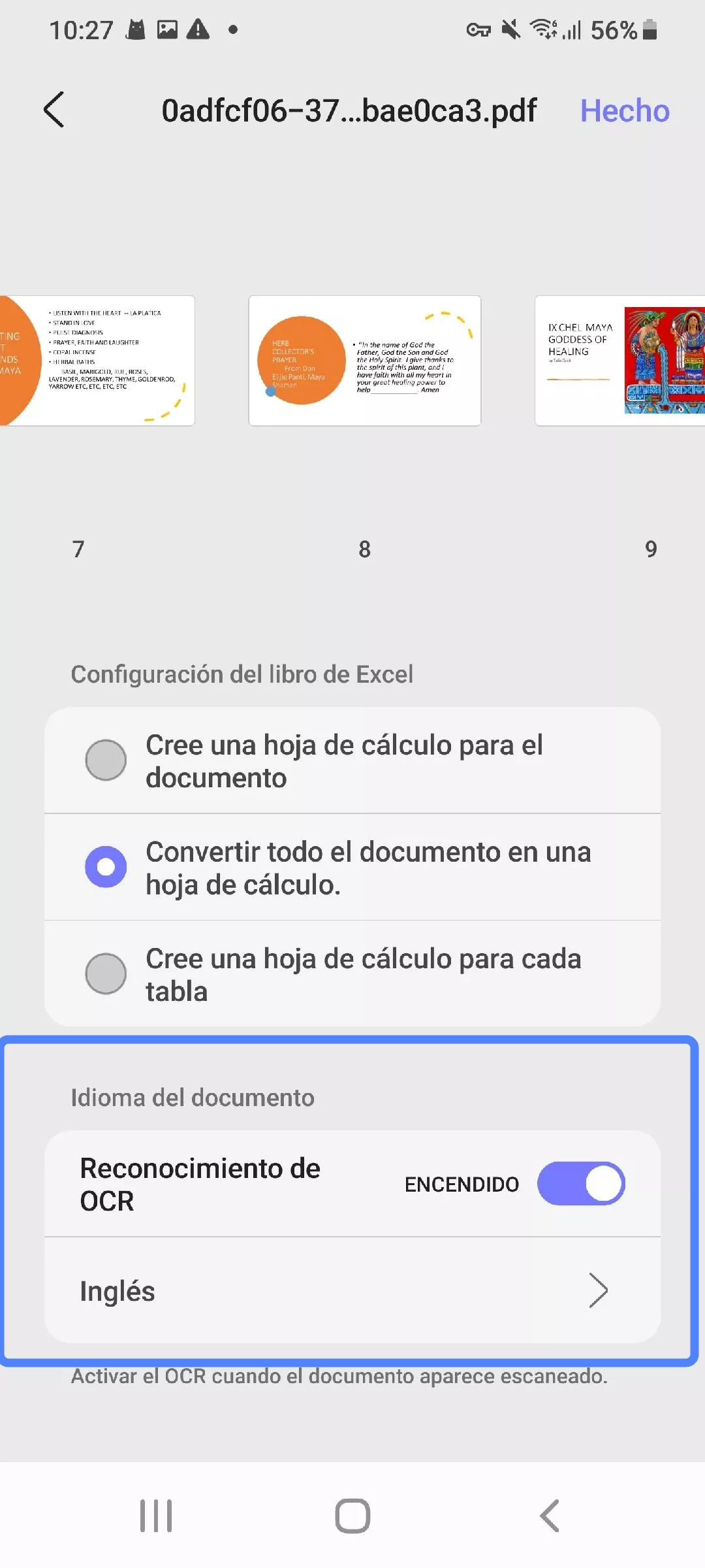 Activar OCR y seleccionar idioma al convertir PDF a Excel en UPDF Android