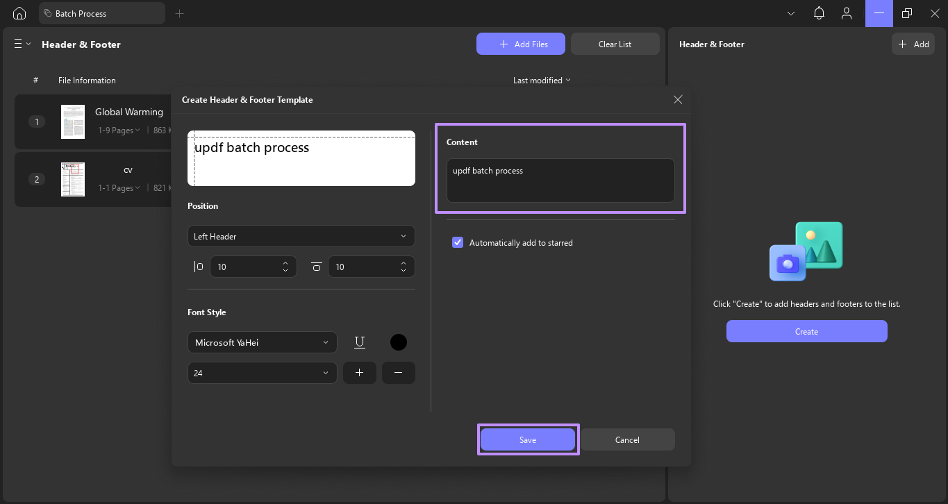 enter text for header or footer for batch pdf files updf windows