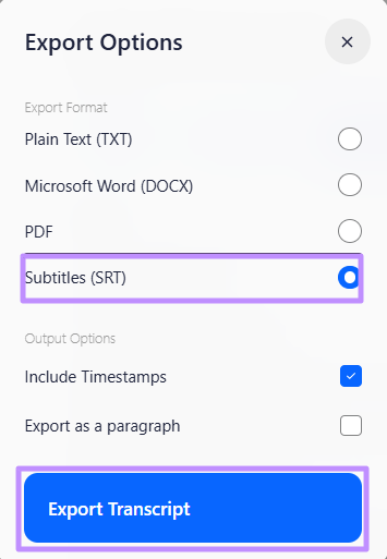 export transcribed file as srt 1transcribe