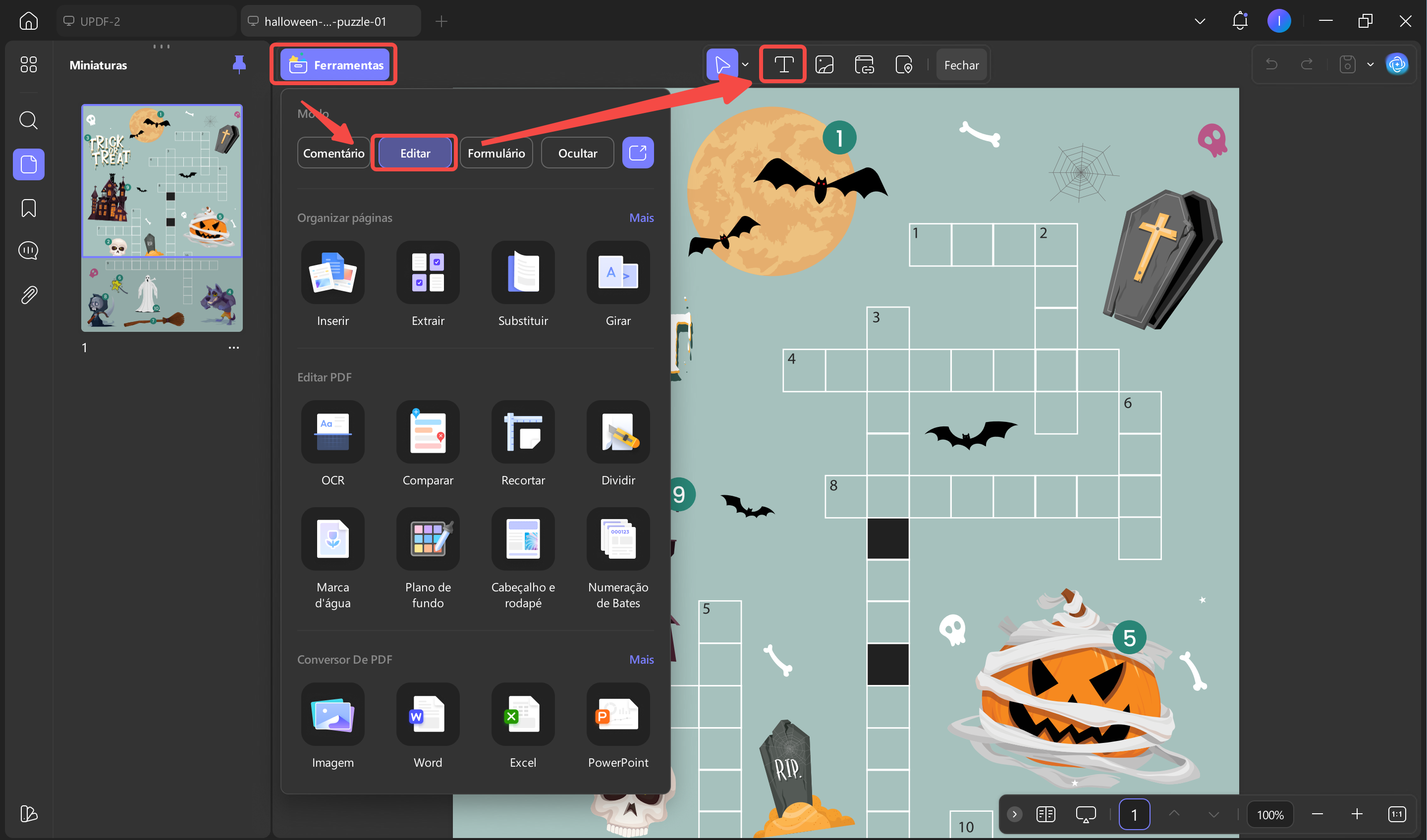 adicionar texto ao modelo de palavras cruzadas de halloween com o updf no windows