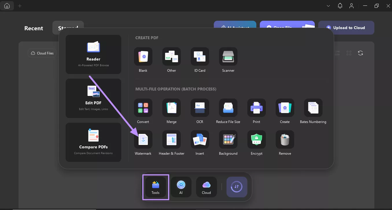 find watermark feature under tools updf windows