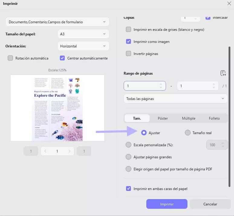 escalado del tamaño de página de PDF y su manejo