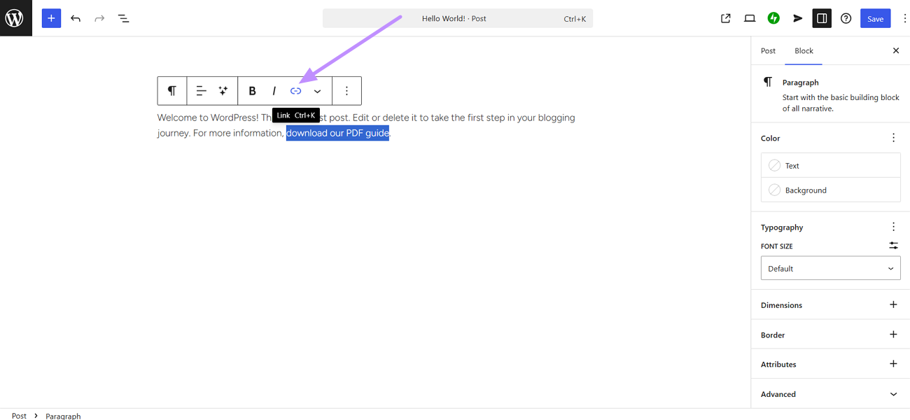 access link icon in wordpress text